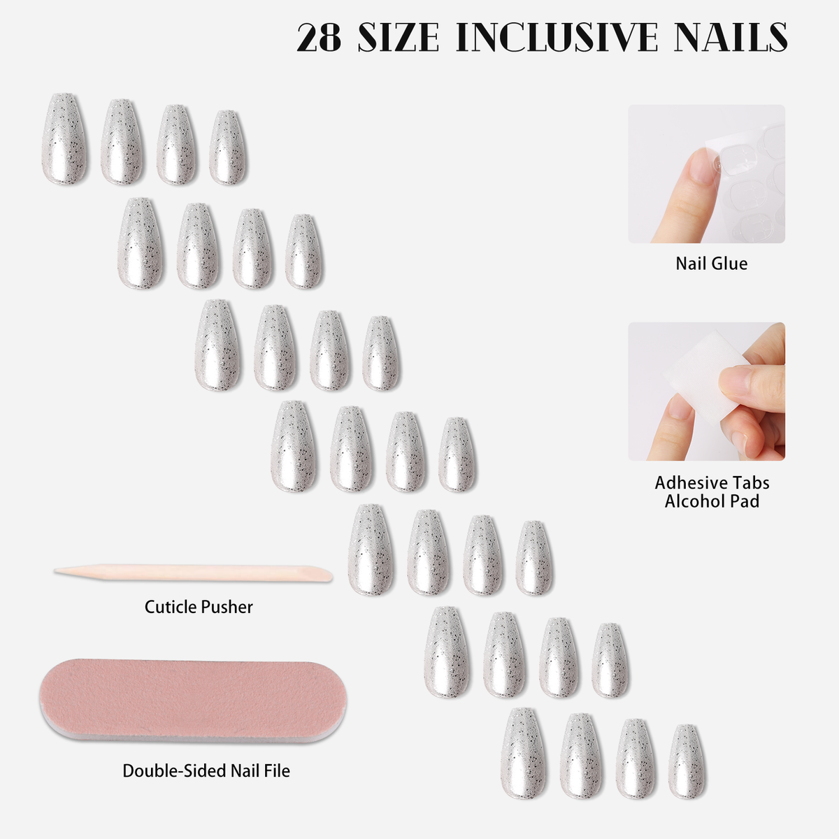 Starry Silver Shimmer Press-On Nails - 28PCS