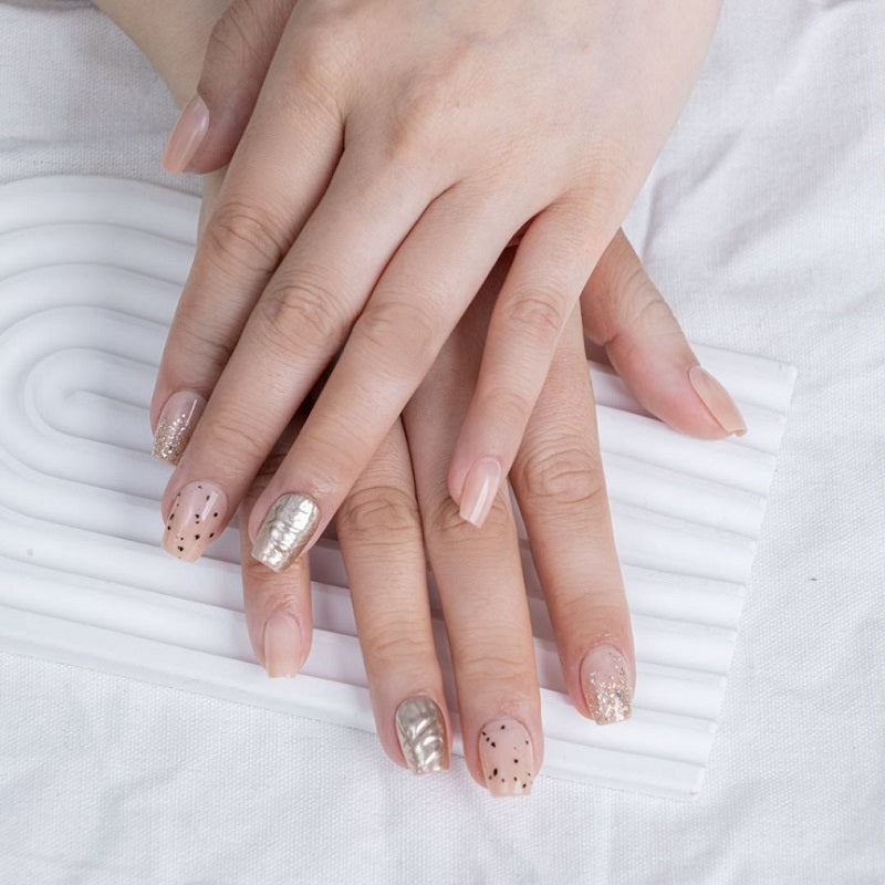 Golden Dots & Glitter Nude Press-On Nails - 30PCS