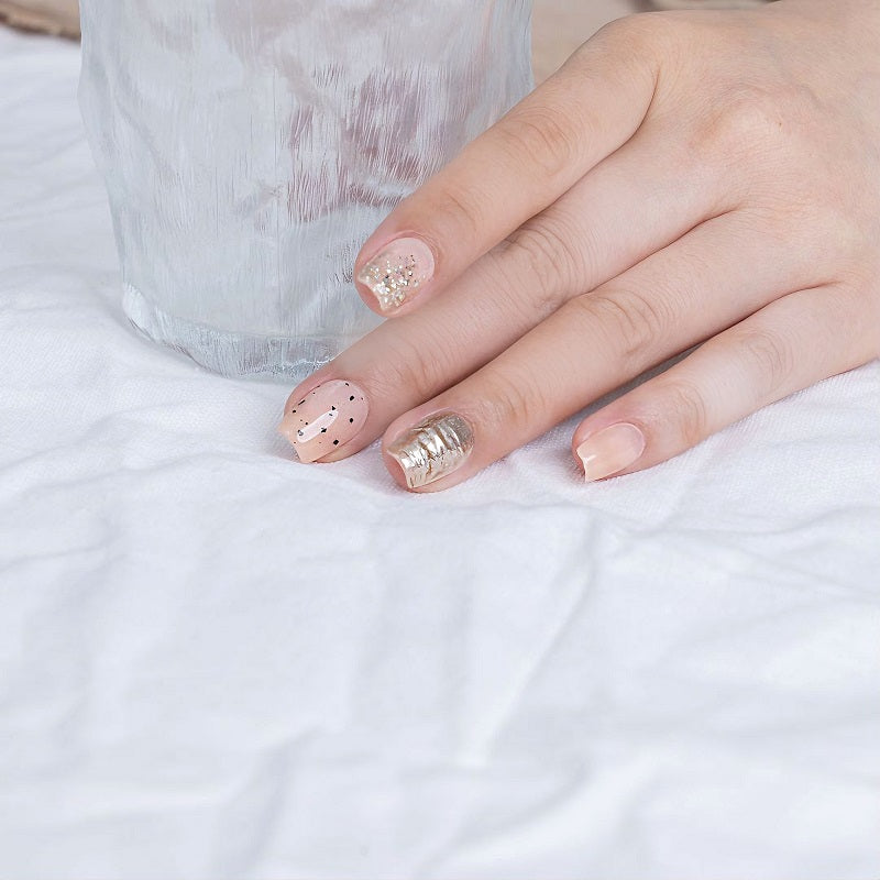 Golden Dots & Glitter Nude Press-On Nails - 30PCS